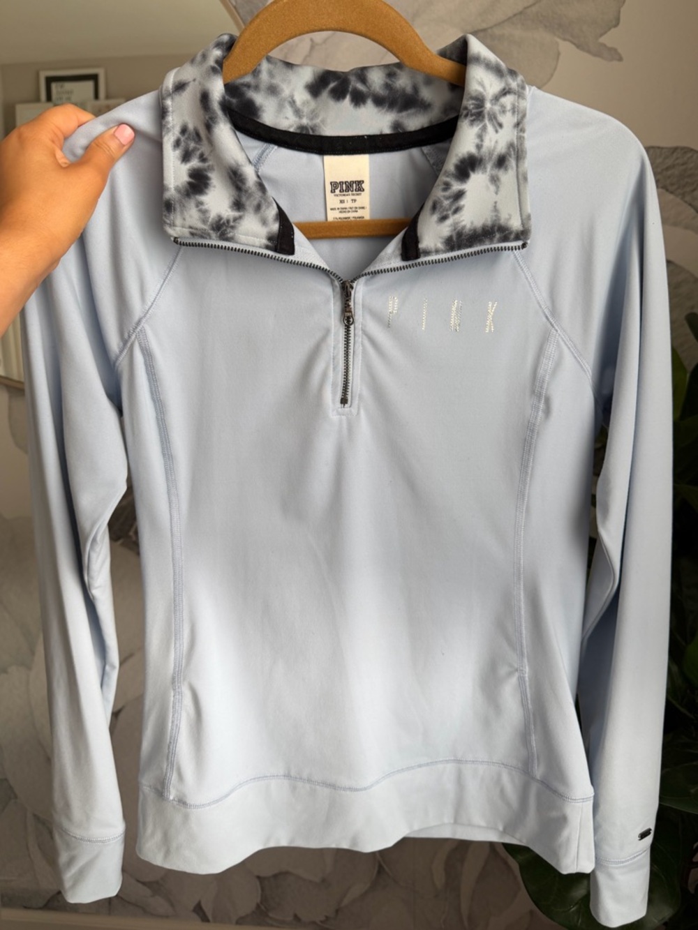 PINK Victoria's Secret Light Blue Quarter-Zip Pullover with Tie-Dye Collar